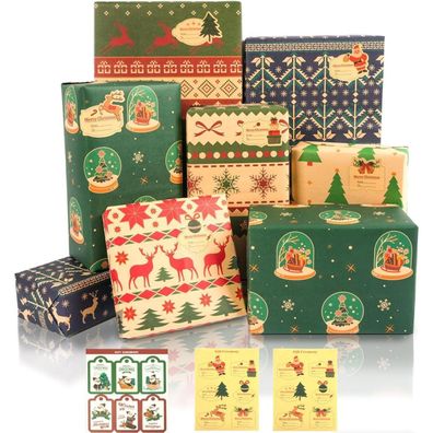 Weihnachten Geschenkpapier Set 6 Blatt Retro Kraftpapier 76x50cm mit Aufklebern