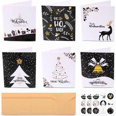 24er Weihnachtskarten Set mit Umschlägen, Aufkleber Set, 6 Designs