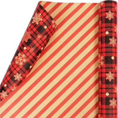 Geschenkpapier Weihnachten Rolle 43cm x 10M Schneeflocke Kariert Schwarz Rot