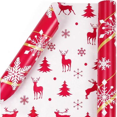 Wende Geschenkpapier Weihnachten Rolle Rot Gold Schneeflocke Elch Winter 40cm