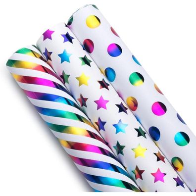 Regenbogen Geschenkpapierrolle Bunt UV-Druck Geburtstag Hochzeit 3 Rollen