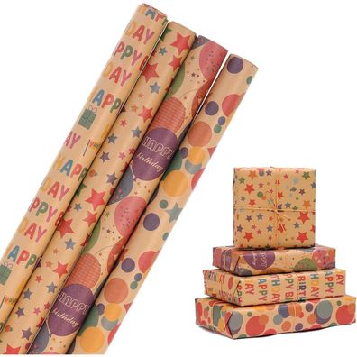 HBell Happy Birthday Wrapping Paper Rolls 4 Pack Dots Star Kraft Gift 43cm x 3M