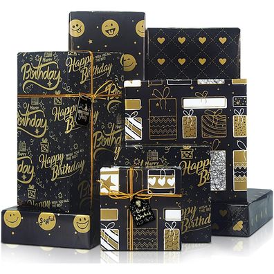 Geburtstag Geschenkpapier Set Schwarzgold-Design 4 Blatt 4 Stück Etikett 1 Rolle