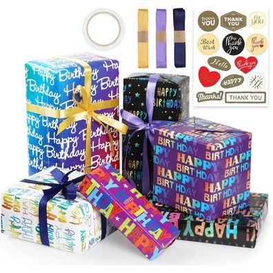 Geschenkpapier Geburtstag Happy Birthday 6 Blätter 50x70 cm Set Band Aufkleber