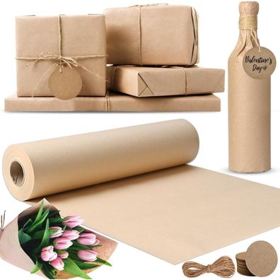 Braunes Kraftpapier Set 30 cm x 30 m + 30 Stk Etiketten + 10m Schnur