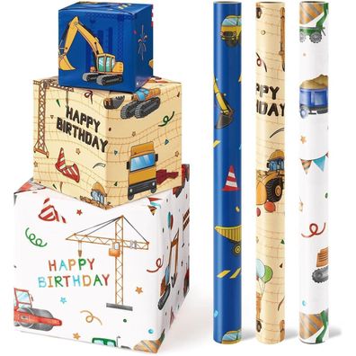 Bagger Geschenkpapier 3 Rollen 43,2 x 304,8 cm Jungen Geburtstags Baustelle Auto