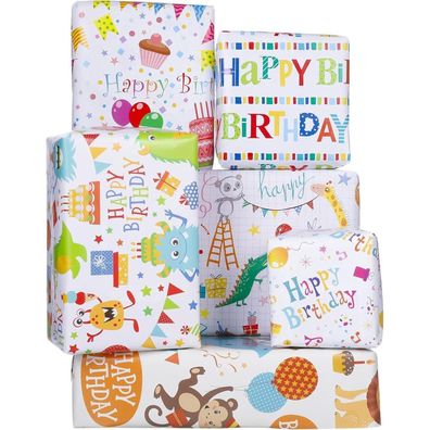 QINREN Kinder Geschenkpapier Set, 6 Stück 70x50cm Geburtstag Tiere Bunt