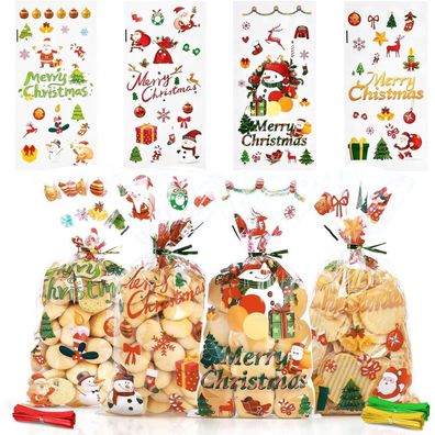 120 transparente Weihnachts Cellophantüten mit Bindebändern