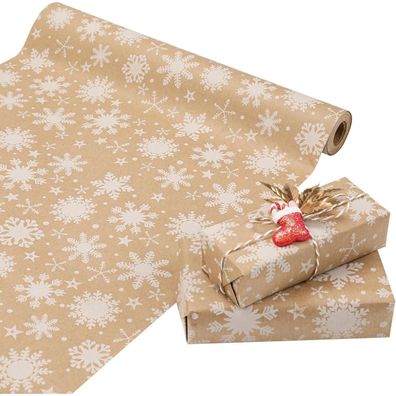 Weihnachten Geschenkpapier Rolle 44cm x 15m ECO Brown Kraft Schneeflocken Design