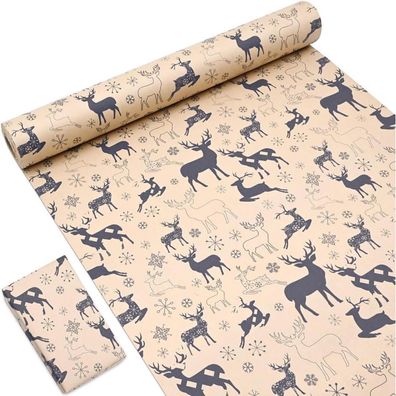 Weihnachts-Geschenkpapierrolle 15m Kraftpapier 43cm breit Elch Schneeflocke