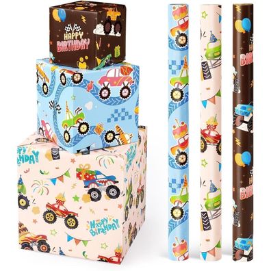 Monster Truck Geschenkpapier 3 Rollen 43x305 cm Fahrzeuge Geburtstag Racing