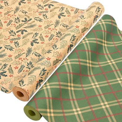 AhfuLife 2 Rollen Weihnachtsgeschenkpapier, 43cm x 15m, Kraftpapier Set