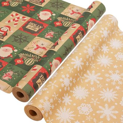 AhfuLife 2 Rollen Weihnachtsgeschenkpapier Set 43cm x 15m Nature Kraftpapier