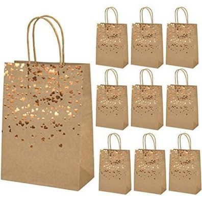 Mikihat 10 Stück Geschenktüten aus Kraftpapier mit Henkel, Bronzing Verzierung