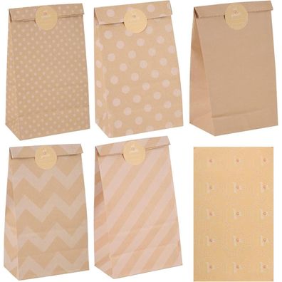 30 x Geschenktüten 24x13x8cm Braun Kraftpapier mit Aufkleber für Adventskalender