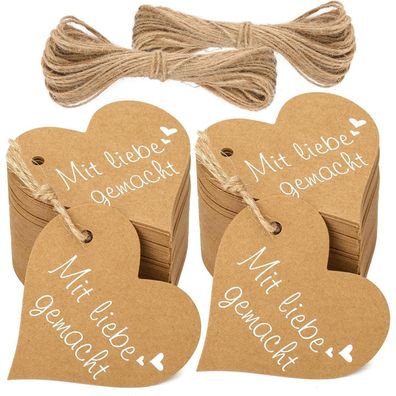100 Stück Herz Geschenkanhänger Mit Liebe Gemacht 6 CM Kraftpapier Etiketten