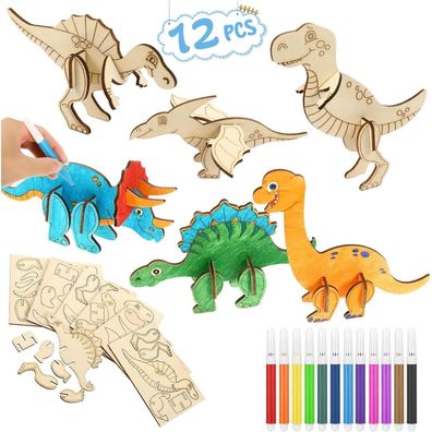 24 Stück Dinosaurier Holz Bastelset für Kinder DIY Drachen Geburtstag