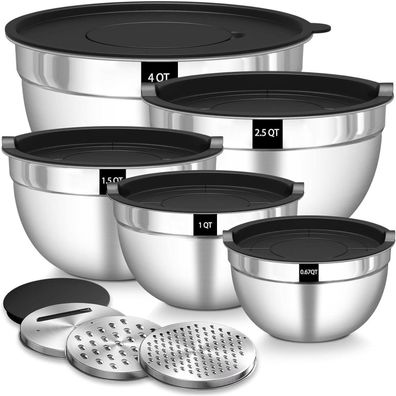 Edelstahl Rührschüssel Set 5er Salatschüsseln 4.5L 2.7L 1.6L 1.1L 0.7L mit
