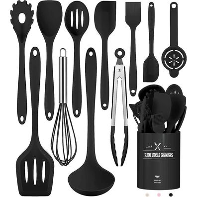 Küchenhelfer Set Silikon Kochutensilien Utensilienhalter Schwarz