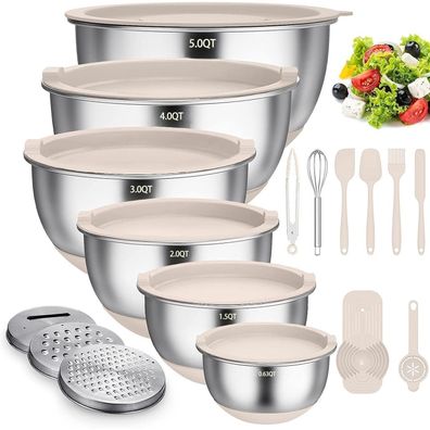 Terlulu Rührschüssel Set Edelstahl mit Deckel Silikonboden 6er 4.7l 3.8l 2.8l
