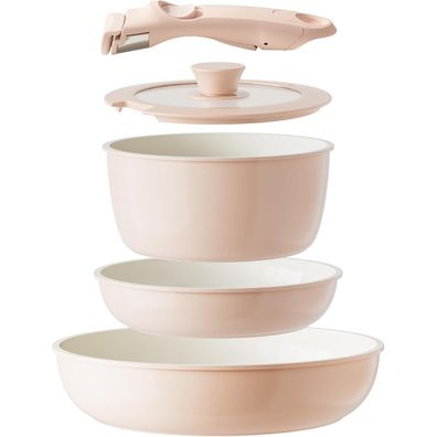 Redchef Keramik Topfset Pfannenset 5-teilig Rosa mit abnehmbaren Griffen