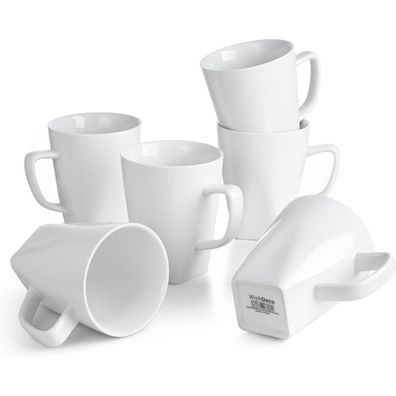 Porzellan Kaffeebecher 6er Set, Tassen Weiß 400ml, Cappuccino Tee Milch