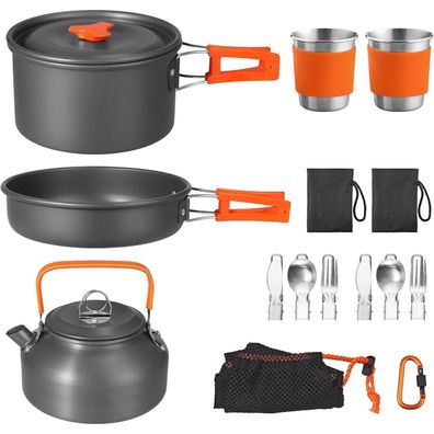 Funykich Camping Kochgeschirr Set 17tlg. Aluminium Töpfe Becher Besteck Outdoor