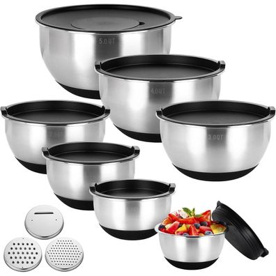 Edelstahl Schüssel Set 7-teilig Salatschüssel Deckel 3 Reibenaufsätzen