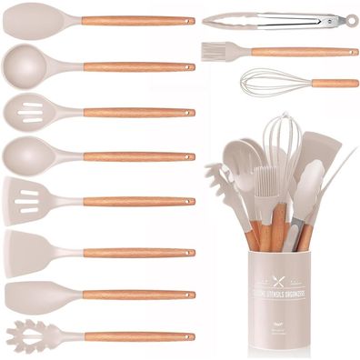 12-teiliges Silikon Küchenhelfer Set Holzgriff Antihaft Utensilienhalter Khaki