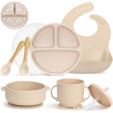 Silikon Baby Geschirrset mit Saugnapf 7-teilig Beige BPA-frei