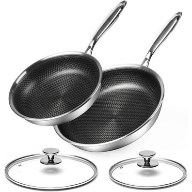 24/28cm Bratpfannen-Set Edelstahl Antihaft Deckel Induktion & Backofenfest