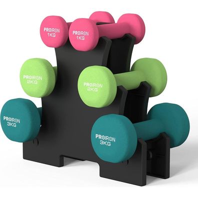 Proiron Neopren Kurzhantelset 1 + 2 + 3 kg + Ständer Gymnastik Yoga Kinder