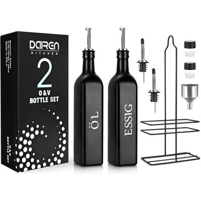 Öl und Essig Spender Flasche Set 500ML Glas Edelstahl Ausguss Schwarz