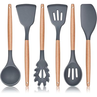 Küchenhelfer Set 6tlg Silikon Kochutensilien Holzgriff Antihaft langlebig Grau