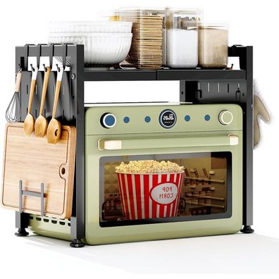 Schwarzes Mikrowellenregal mit 2 Stufen und 10 Haken- Ausziehbar von 40-70cm