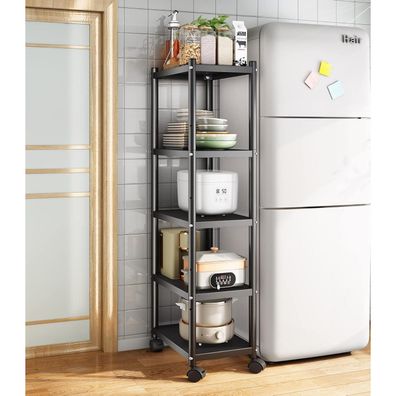 Standregal 5 Etagen Metallregal Schmal Lagerregal Rollen rutschfest Schwarz