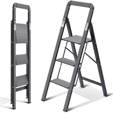 Kingrack Klapptrittleiter 3 Stufen mit Handlauf, rutschfeste Aluminium