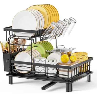 Abtropfgestell 2-Tier Edelstahl groß mit Utensilienhalter Schwarz