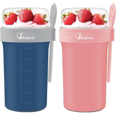 Bugucat Müslibecher to Go 2er Set 760ml+230ml Löffel blau rosa