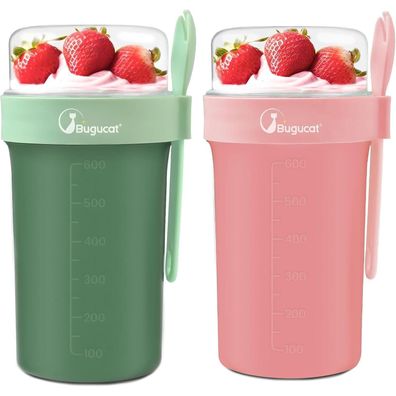 Bugucat Müsli Joghurtbecher to Go 2er Set 760ml+230ml Löffel grün rosa