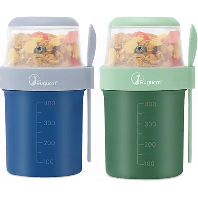 Bugucat 2in1 Müslibecher to Go Set 560ml+310ml Yoghurt Salatbecher Blau+Grün