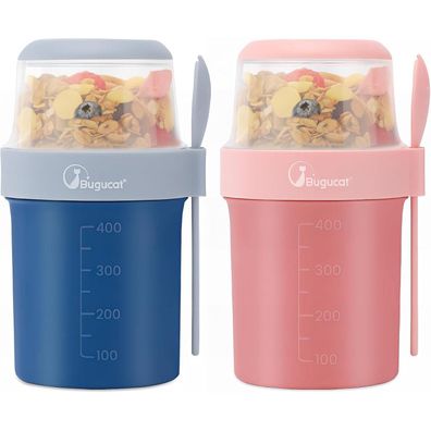 Bugucat 2in1 Müslibecher to Go 560ml+310ml Blau Rosa 2er Set