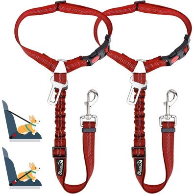 SlowTon Hundegurt Auto 2-in-1 Kopfstützen-Rückhalte Anschnallgurt D. Rot 2Pcs