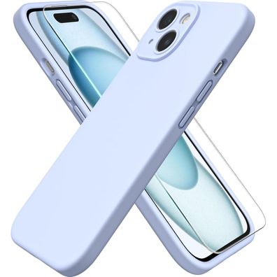 Silikon Hülle für iPhone 15 + Kameraschutz + Schutzfolie - Himmelblau