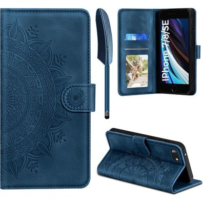 Handyhülle iPhone SE 2022/2020 7 8 Leder Flip Tasche Kartenfach Dunkelblau