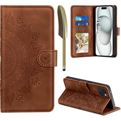 EASDNB iPhone 15 Hülle 6.1 Zoll Wallet PU Leder Prägung Dunkelblau