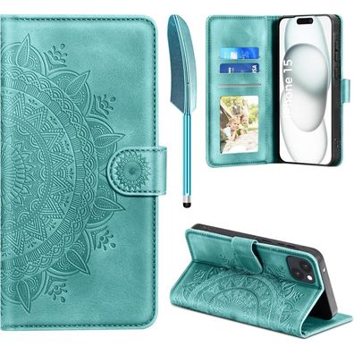EASDNB iPhone 15 Hülle Grün Flip Wallet in Lederoptik
