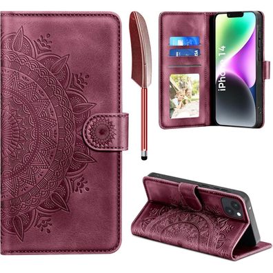 EASDNB iPhone 14 Lederhülle Flip Wallet Case Weinrot Magnet Ständer