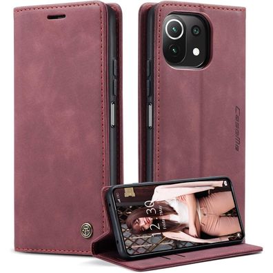 CaseMe Xiaomi 11 Lite 5G NE Leder Handyhülle Standfunktion Weinrot