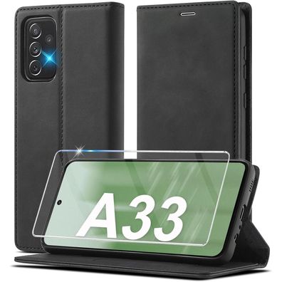 A33 5G Hülle Leder Wallet Schutzhülle Flip Case Schwarz